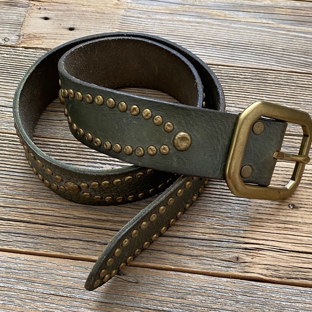 Lucky Brand Olive Green Studded Leather Belt with Brass Buckle. 32.
